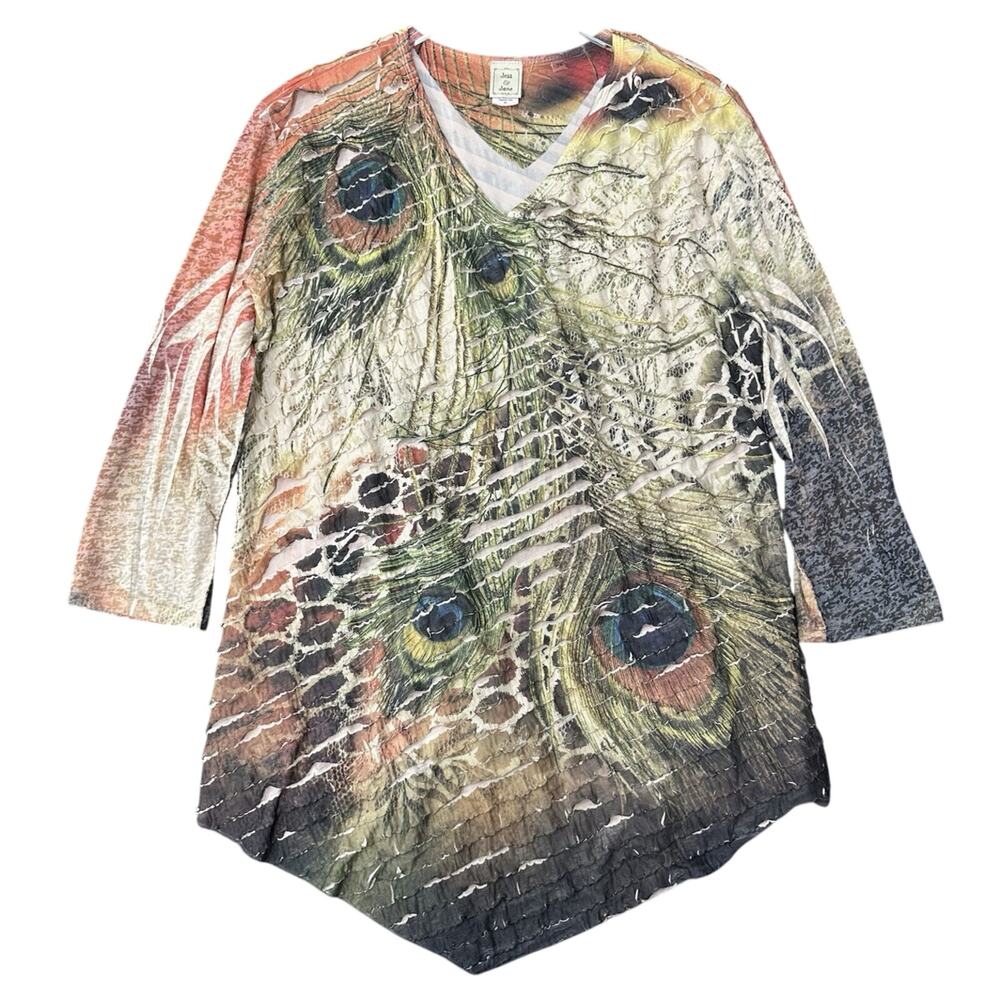 Jess & Jane Womens Ruffle Tunic Top Size 2X Pleated Asymmetrical Hem Peacock